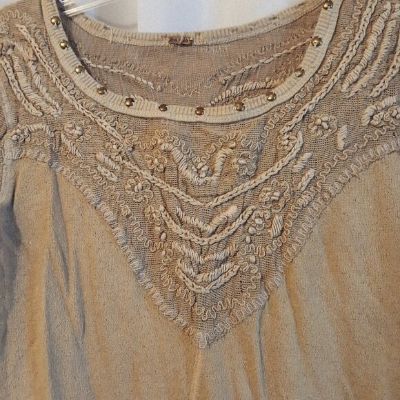 FREE PEOPLE Studded Mesh upper T-shirt Top XS Mustard Beige Scoop neck Boho LS - Picture 3 of 10